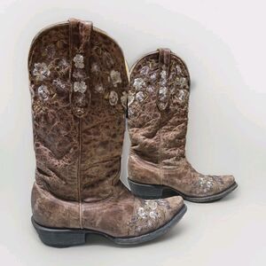 Cavenders Cowgirl Boots Women's sz 6.5B Brown Leather Floral Embroidery Snip Toe